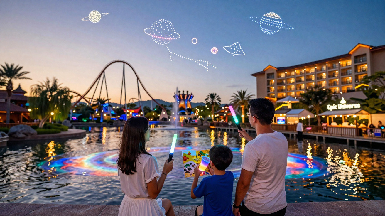Família observando luzes coloridas e projeções de planetas no lago de parque temático ao entardecer.