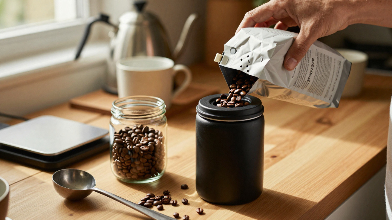 Mão despejando grãos de café em recipiente preto sobre bancada de madeira com utensílios ao fundo.