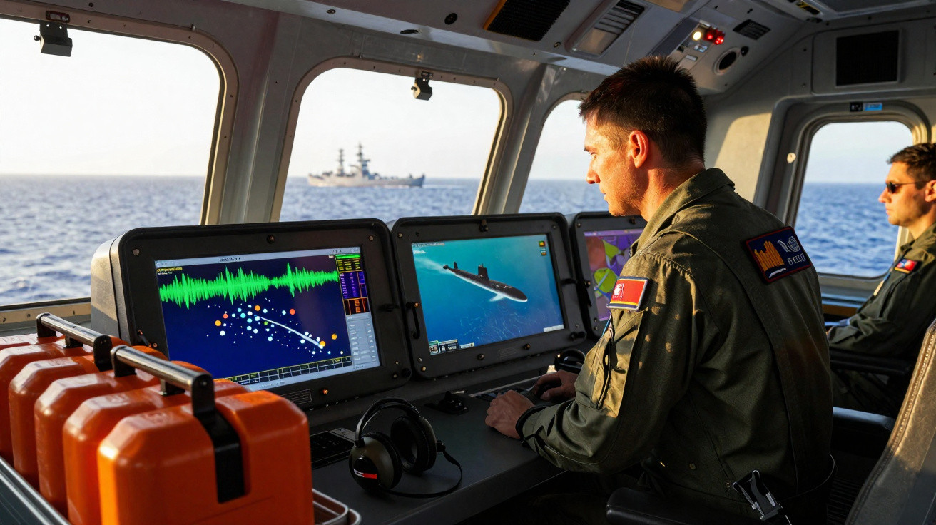Dois militares em estação marítima monitoram telas com gráficos, submarino e mapa, com navio ao fundo no oceano.