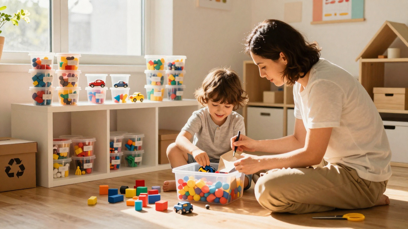 Criança e mulher brincando com blocos de montar coloridos em ambiente iluminado e organizado.