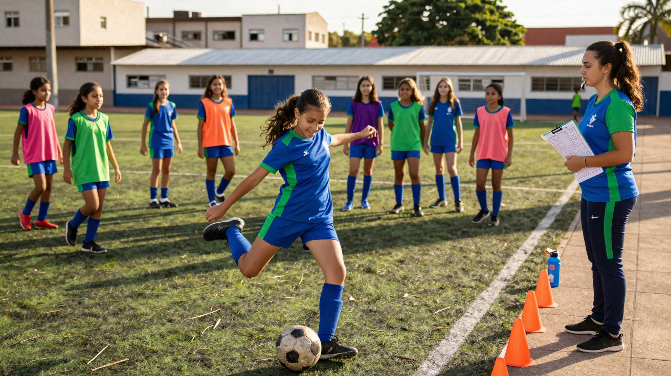 Menina chutando bola em campo com outras crianças e técnico observando treino de futebol feminino escolar.
