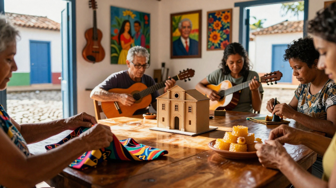 Grupo de pessoas tocando violão e fazendo artesanato ao redor de mesa com miniatura de igreja.