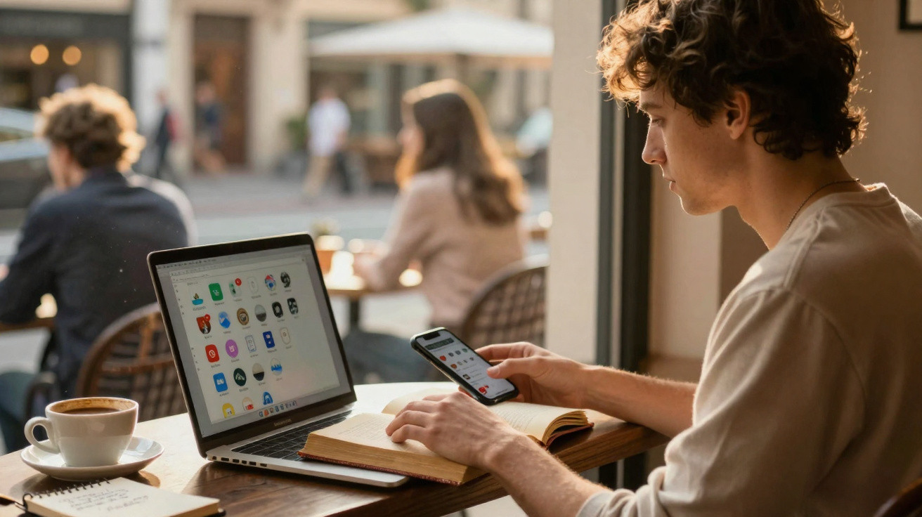 Jovem usando celular e laptop em cafeteria, com livro aberto e xícara de café ao lado.