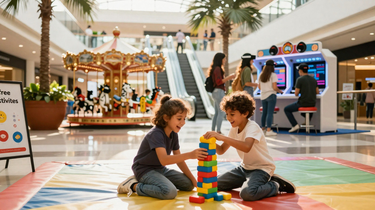 Crianças brincando com blocos coloridos em área de recreação de shopping com carrossel e arcade ao fundo.