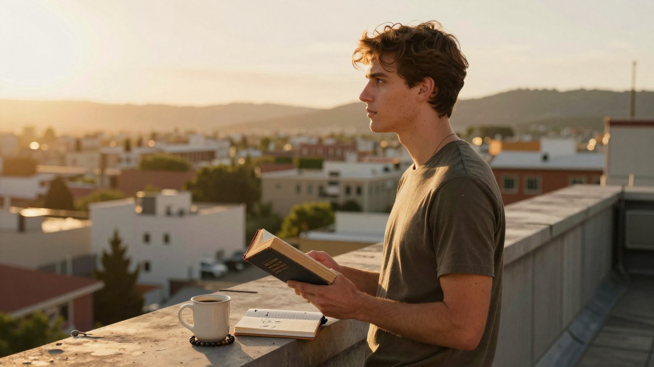 Jovem lendo livro em um terraço ao entardecer, com caneca e caderno sobre o muro.
