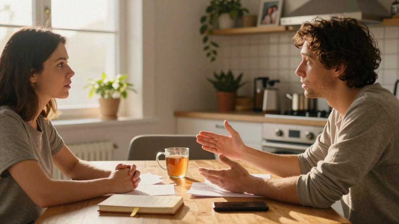 Casal jovem conversa sentados à mesa da cozinha com documentos, caderno e chá entre eles.