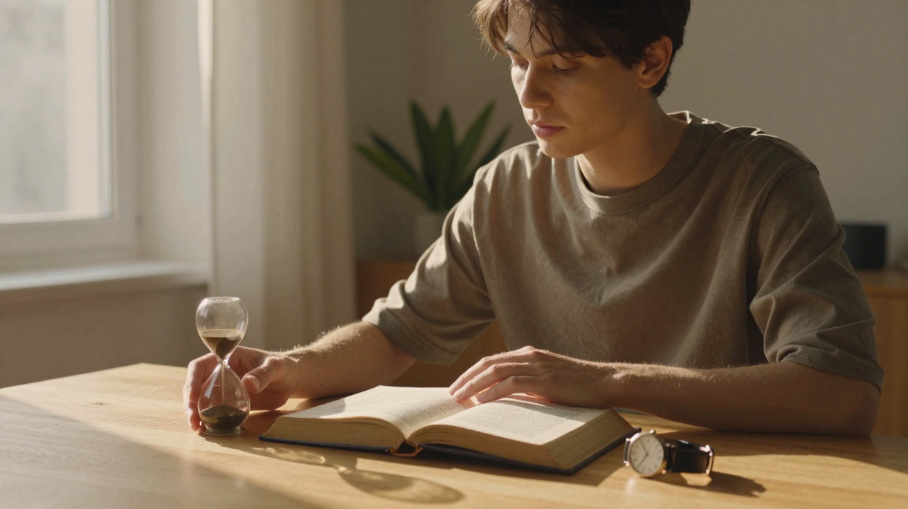 Jovem sentado à mesa lendo livro, segurando ampulheta enquanto o relógio está sobre a mesa.