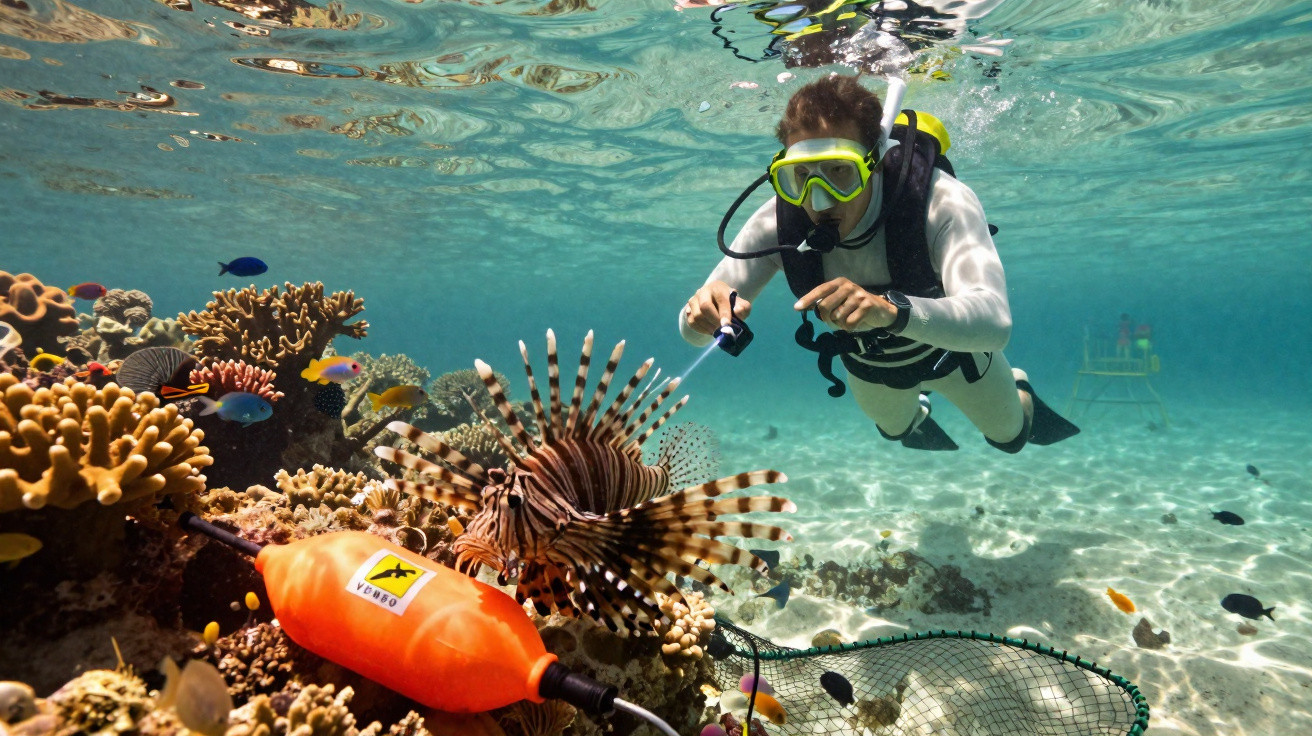 Mergulhador observa peixe-leão colorido próximo a recife de coral em água clara e rasa.
