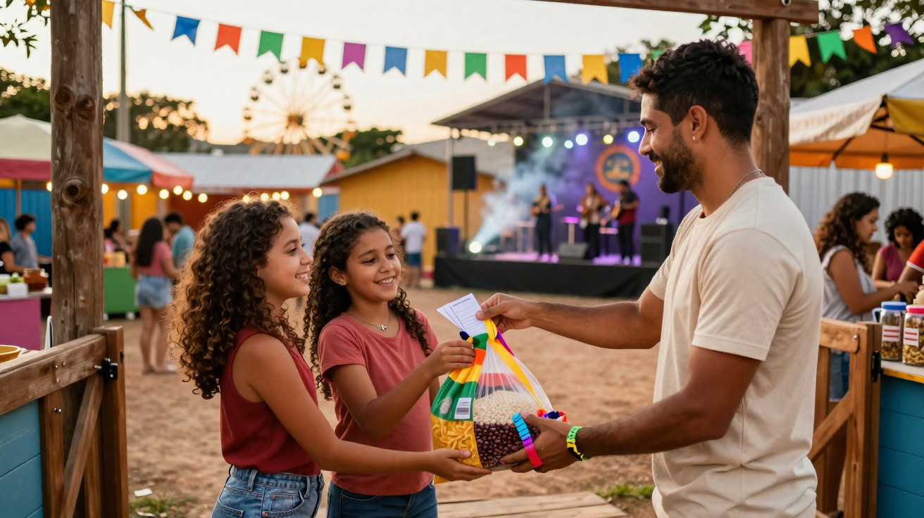 Homem entrega balde com doces para duas meninas em festa junina ao ar livre ao entardecer.