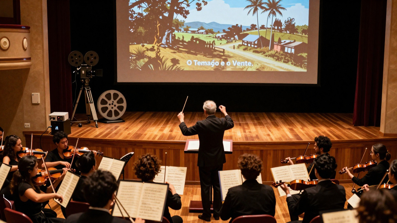 Orquestra tocando sob regência do maestro em teatro com projeção de imagem rural histórica ao fundo.