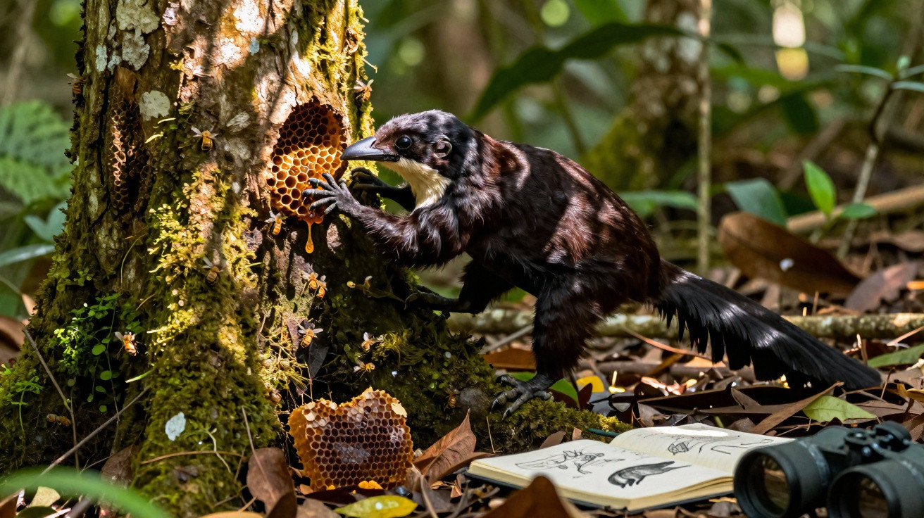 Mico-negro pegando mel de favo em árvore com caderno aberto de desenhos e binóculo no chão da floresta.