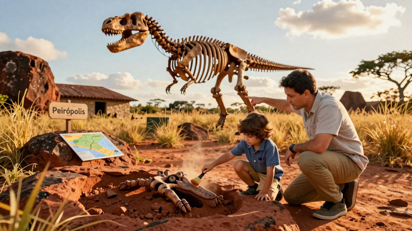 Pai e filho exploram escavação arqueológica infantil próxima a esqueleto de dinossauro em Peirópolis.