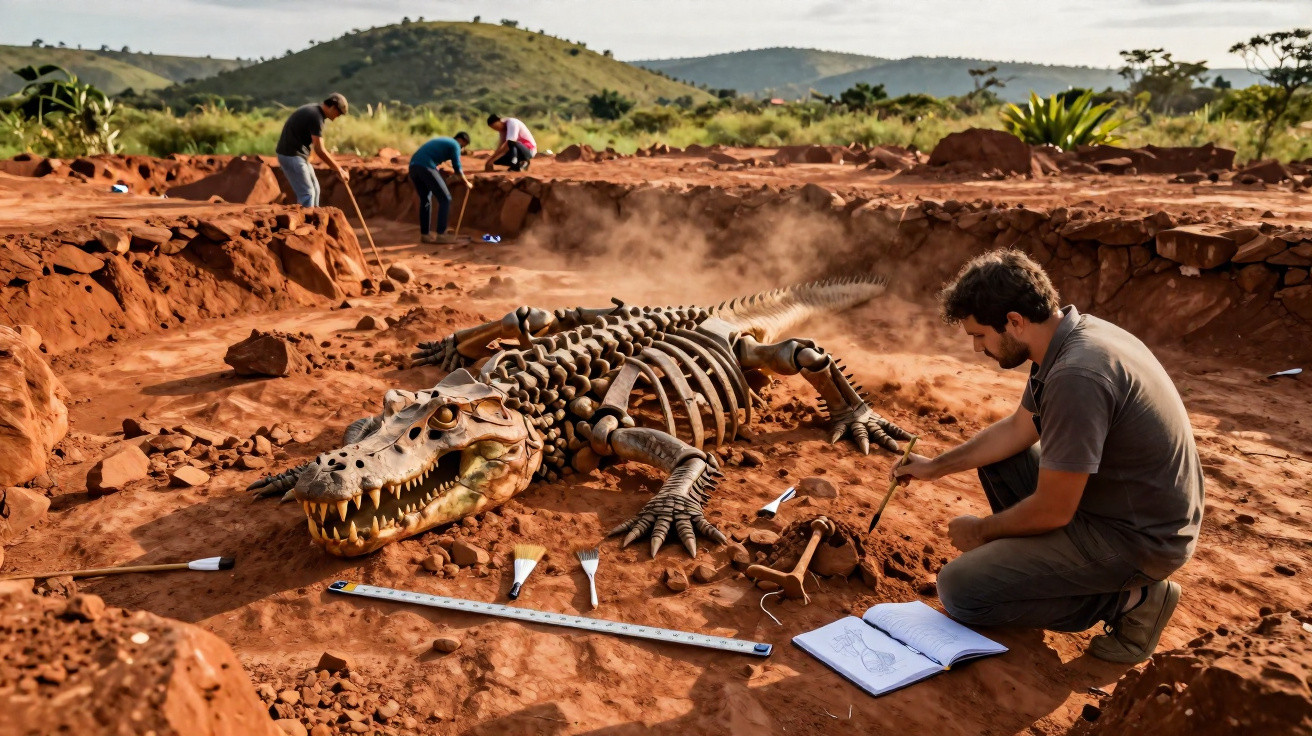 Paleontólogos escavando e estudando o fóssil de um crocodilo gigante em sítio arqueológico rural.