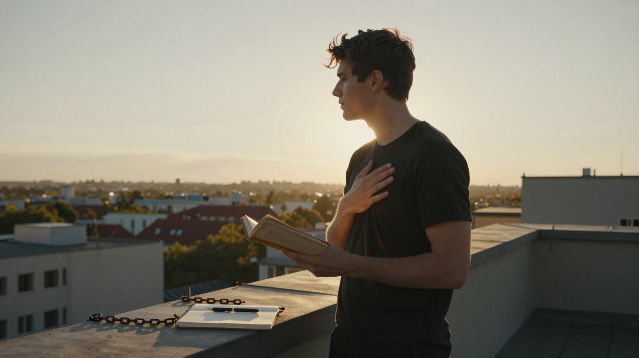 Jovem de camiseta preta lendo livro ao pôr do sol em uma varanda com vista para a cidade.