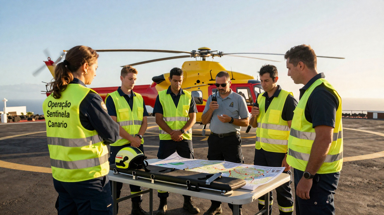 Equipe de resgate com coletes refletivos revisando mapas perto de helicóptero em heliponto ao ar livre.