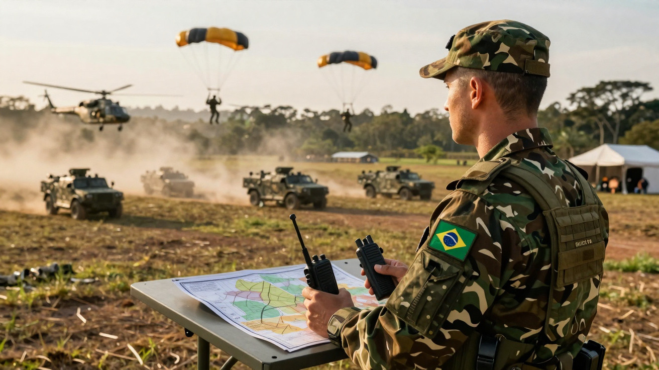 Soldado brasileiro com rádio observa exercício militar com paraquedistas, veículos e helicópteros em campo aberto.