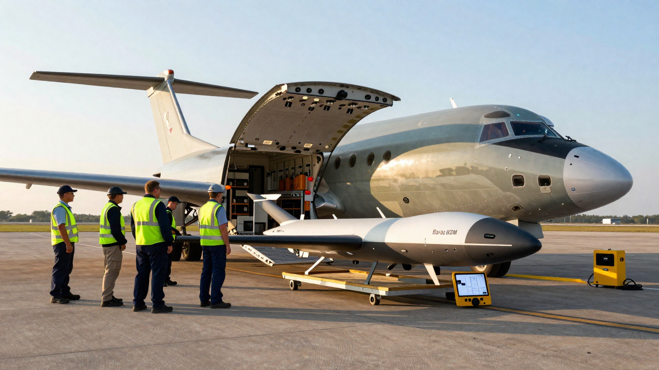 Homens com coletes refletores inspecionam veículo aéreo não tripulado na frente de avião com porta traseira aberta em pista.