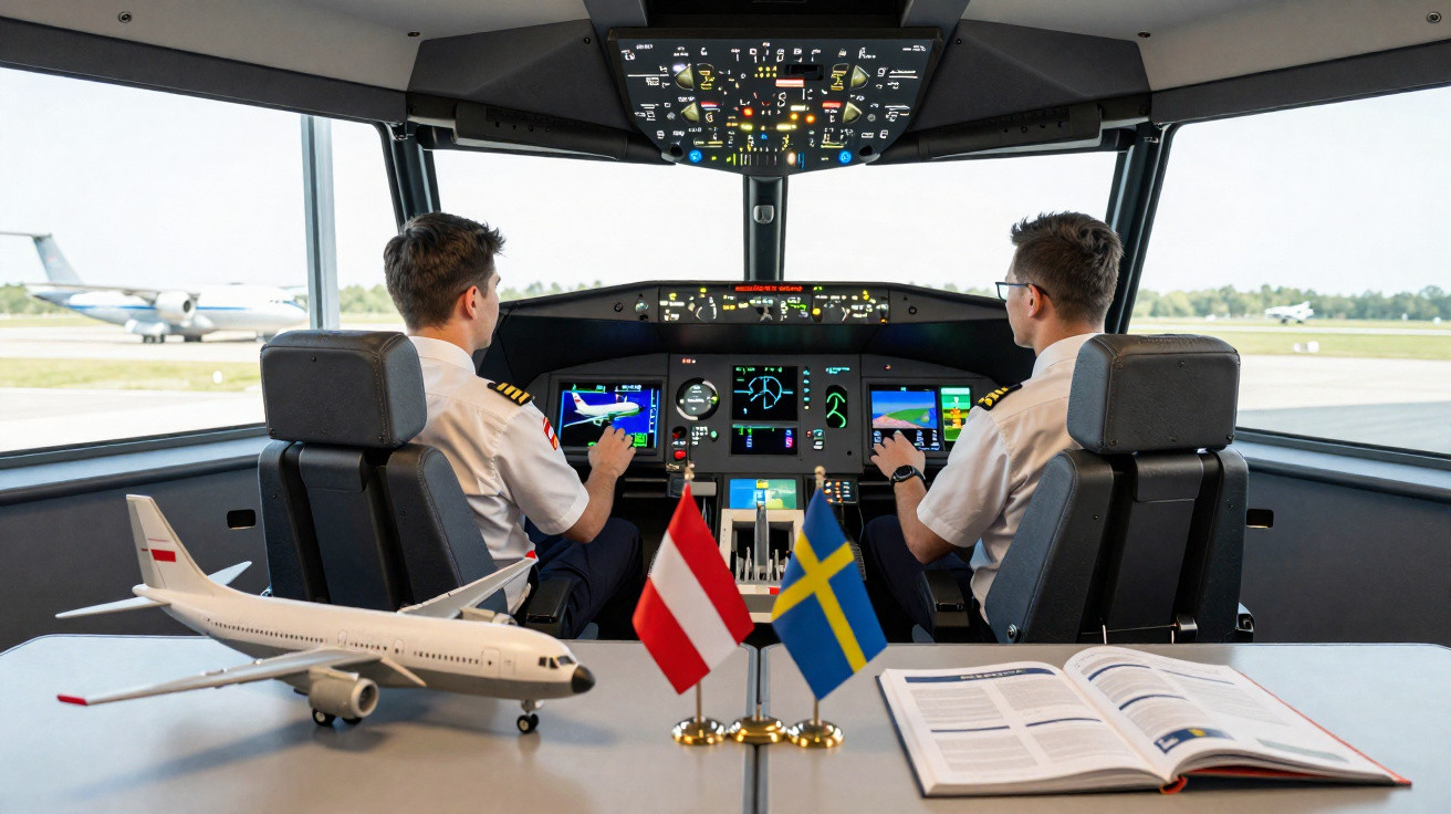 Pilotos em cabine de avião simulador com modelo de avião e bandeiras da Áustria e Suécia na mesa.