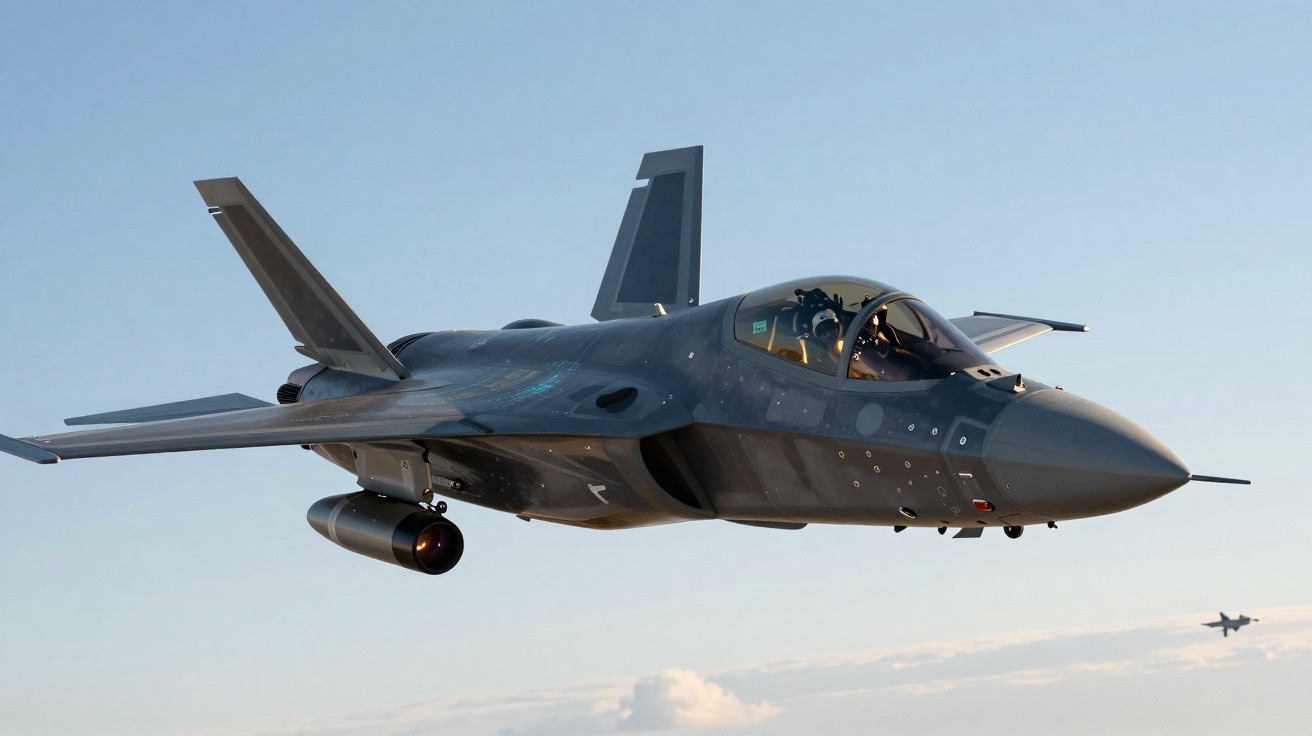 Caça stealth militar cinza voando em céu claro com outro avião ao fundo.