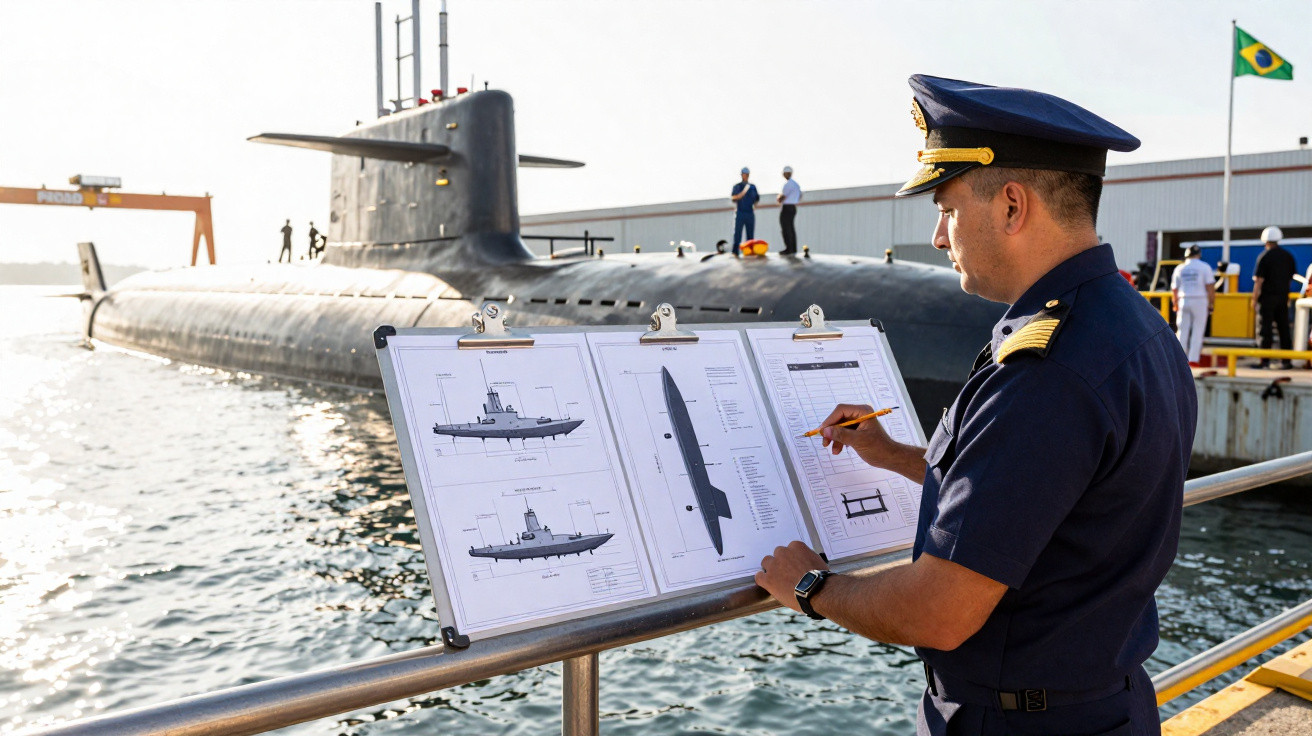 Oficial da marinha ao lado de submarino, analisando desenhos técnicos em pranchetas na doca.