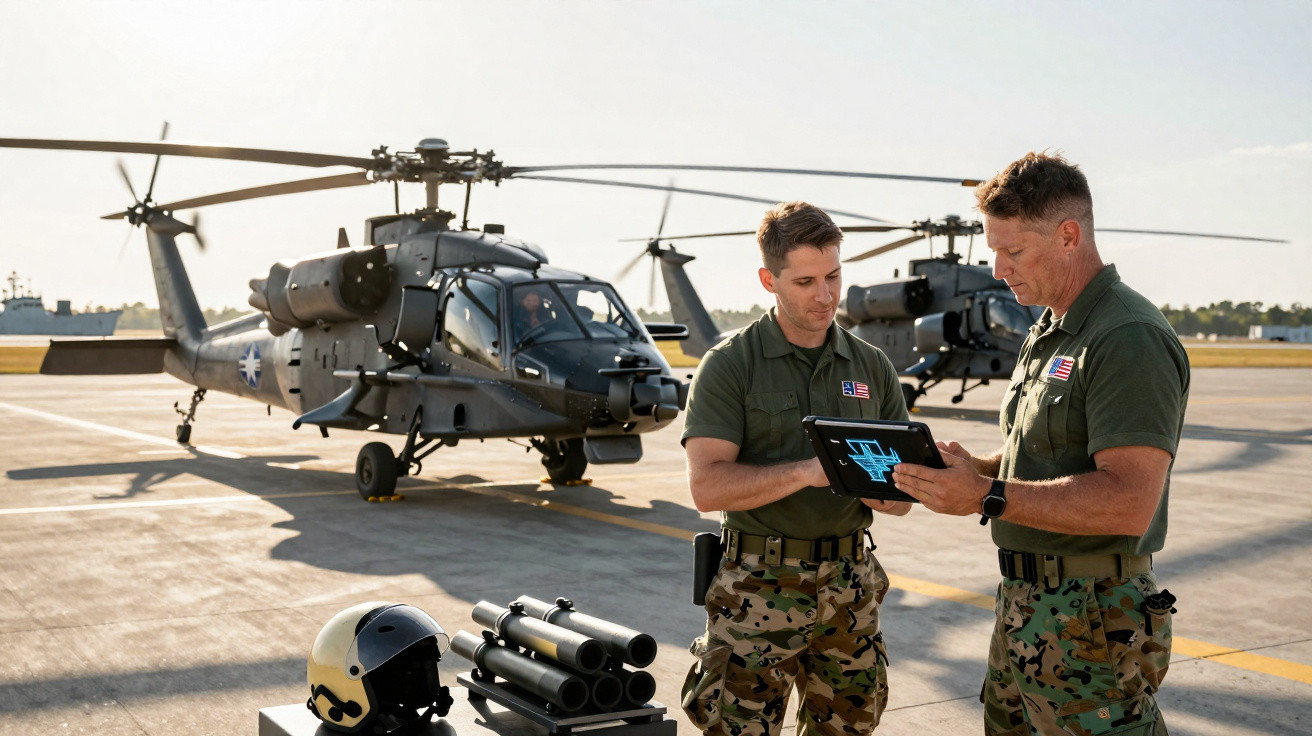 Dois militares em uniforme analisam um tablet em frente a helicópteros de ataque estacionados.