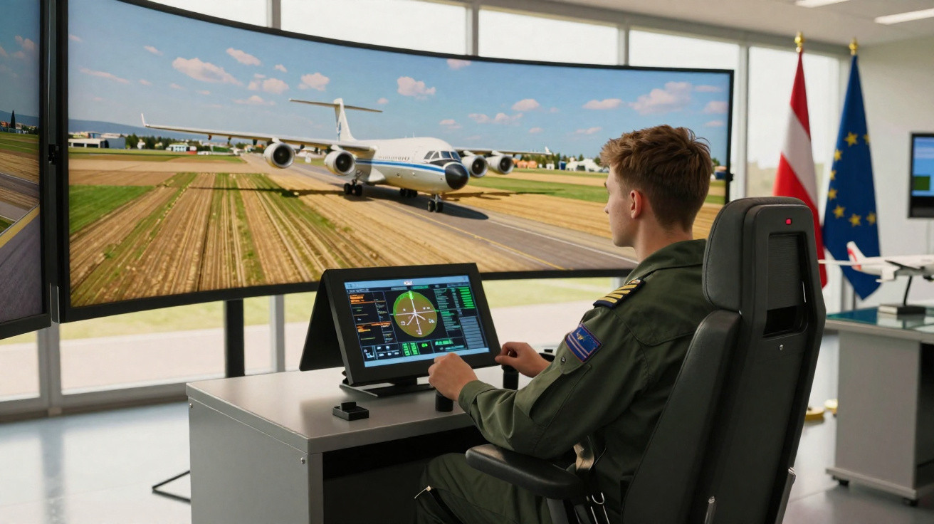 Piloto em simulador de voo operando controles com imagens de avião na pista em telas curvas.