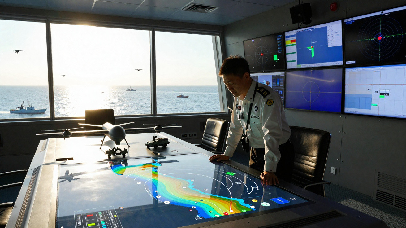 Homem em farda analisando mapa digital em sala de controle com vista para o mar e barcos ao fundo.
