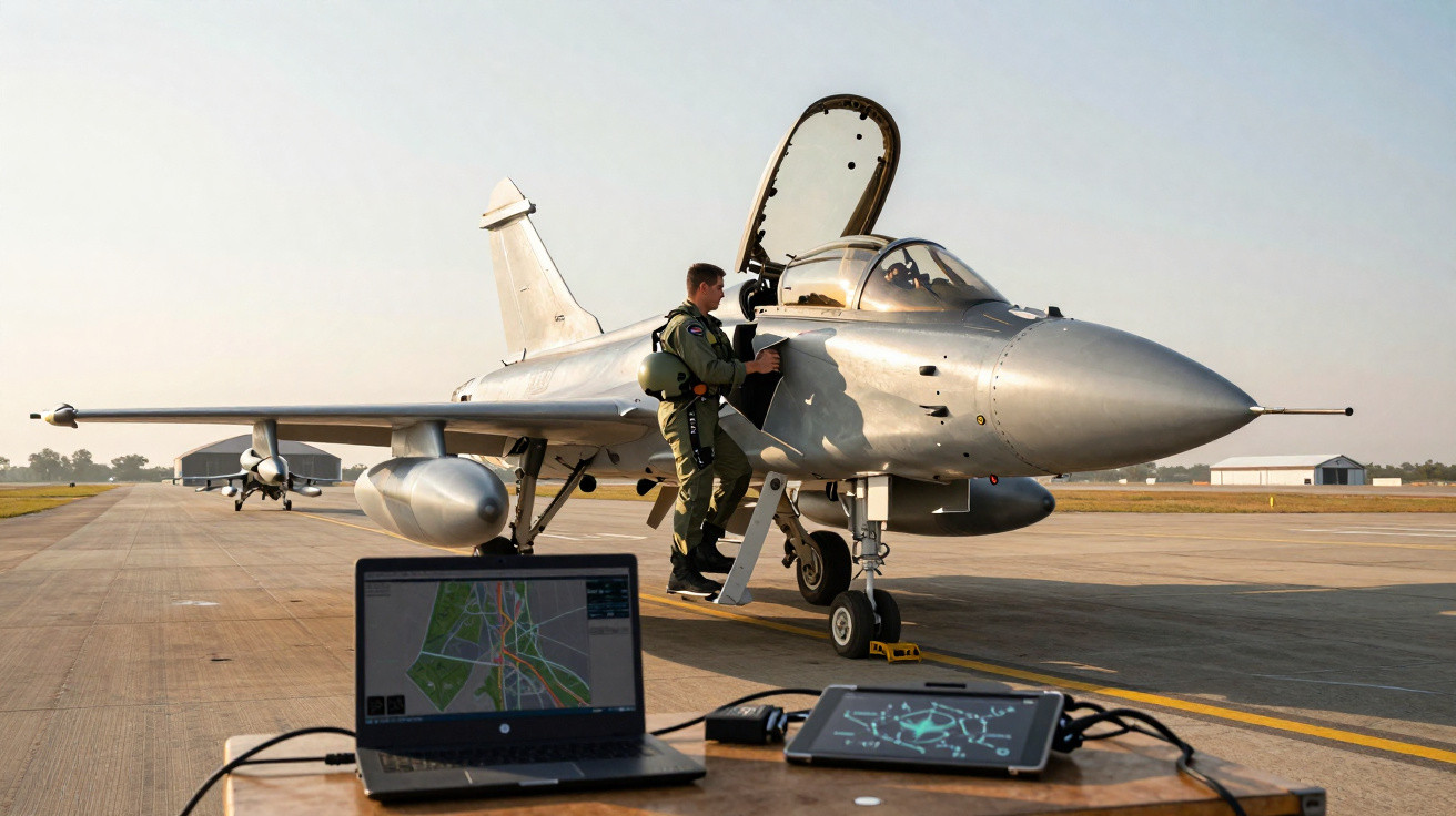 Avião de caça prata estacionado em pista com piloto subindo pela escada e equipamentos de monitoramento na frente.