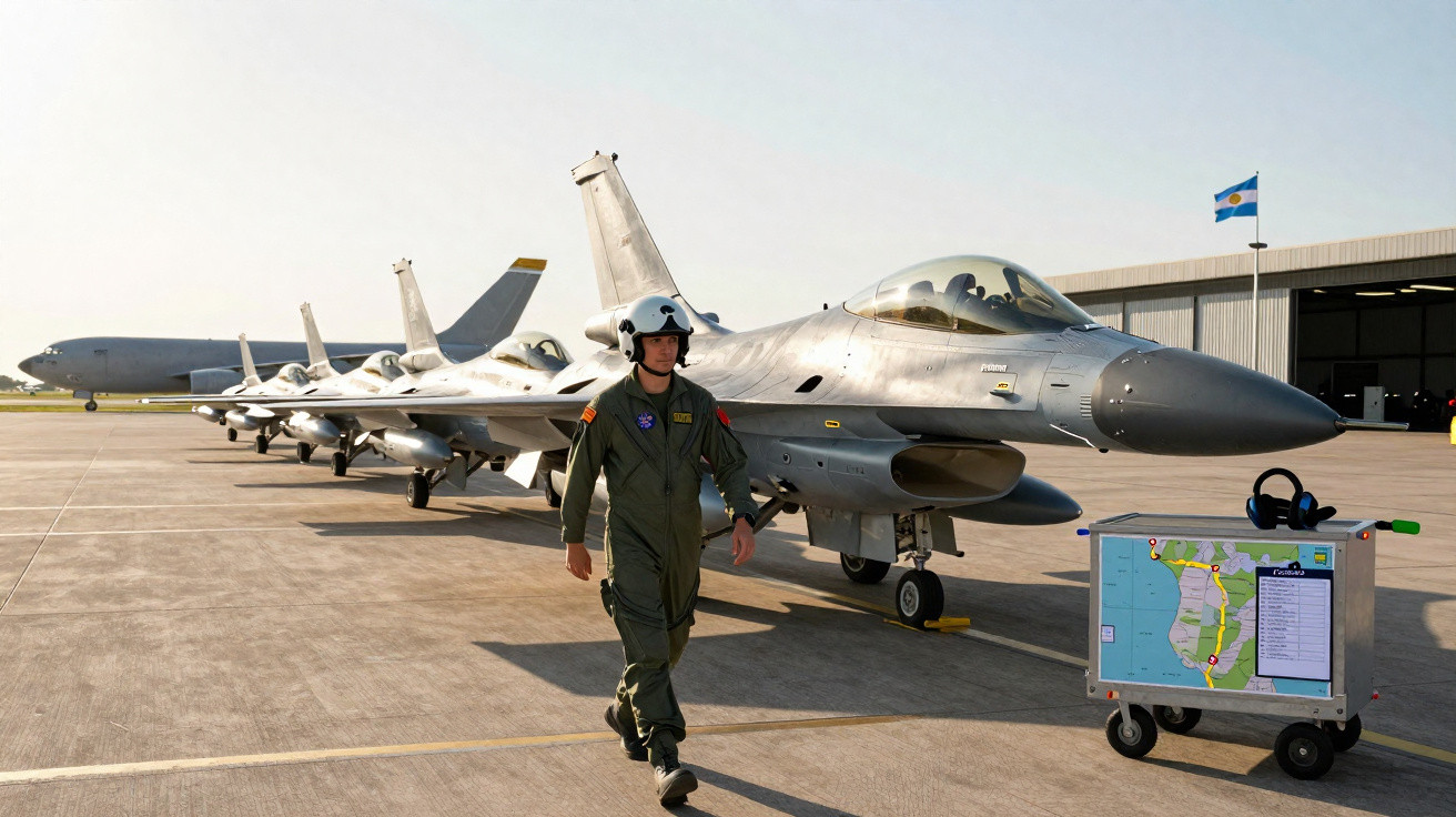 Piloto militar caminha à frente de fila de caças estacionados em pista de aeródromo ao amanhecer