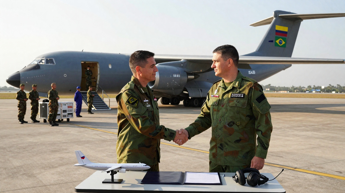 Dois militares apertam as mãos diante de mesa com documentos, com avião militar ao fundo em pista de aeroporto.