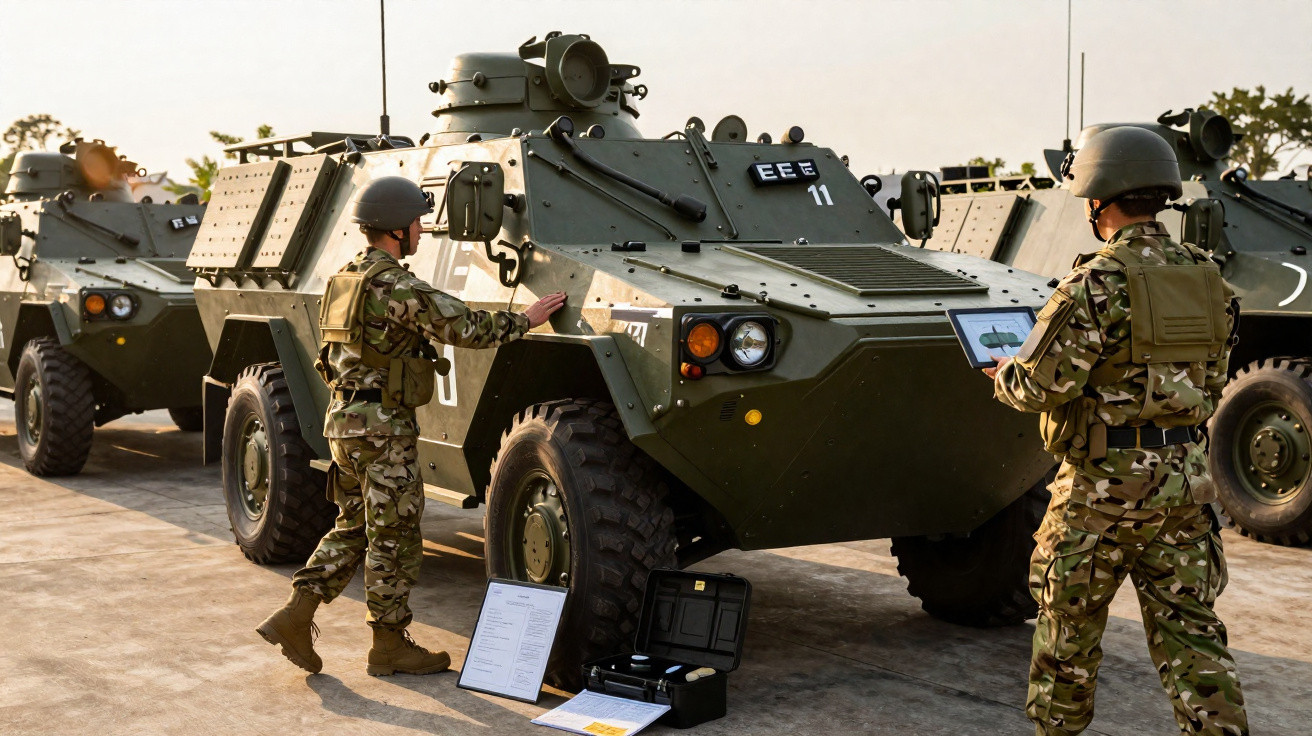 Dois soldados em uniforme camuflado inspecionam veículos blindados militares verdes estacionados ao ar livre.