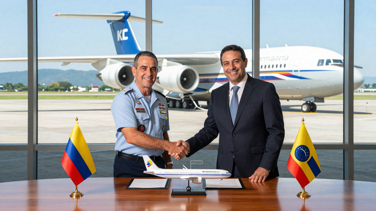 Dois homens apertando as mãos em frente a mesa com bandeiras do Brasil e Colômbia e maquete de avião, com aeronave ao fundo.