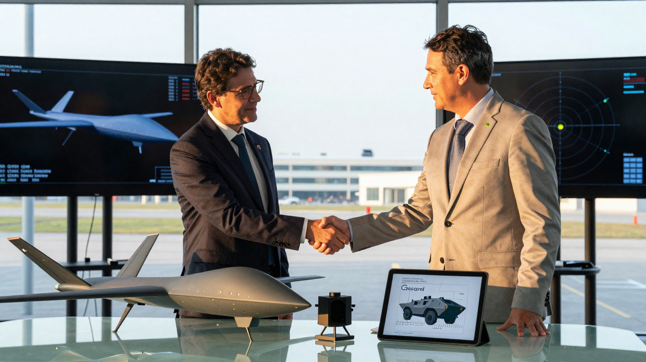 Dois homens de terno apertam as mãos em frente a modelos e telas de drones e veículos militares.