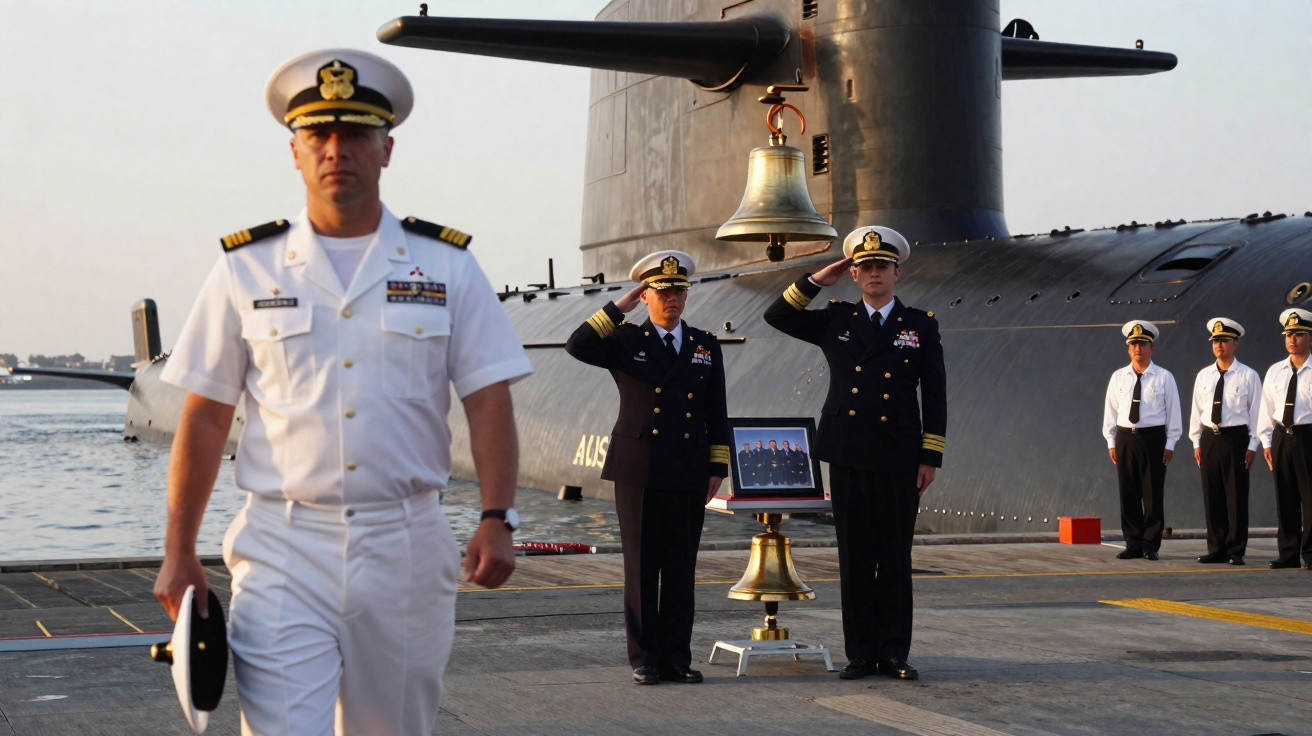 Oficiais navais em cerimônia militar ao lado de submarino e sino em um cais.