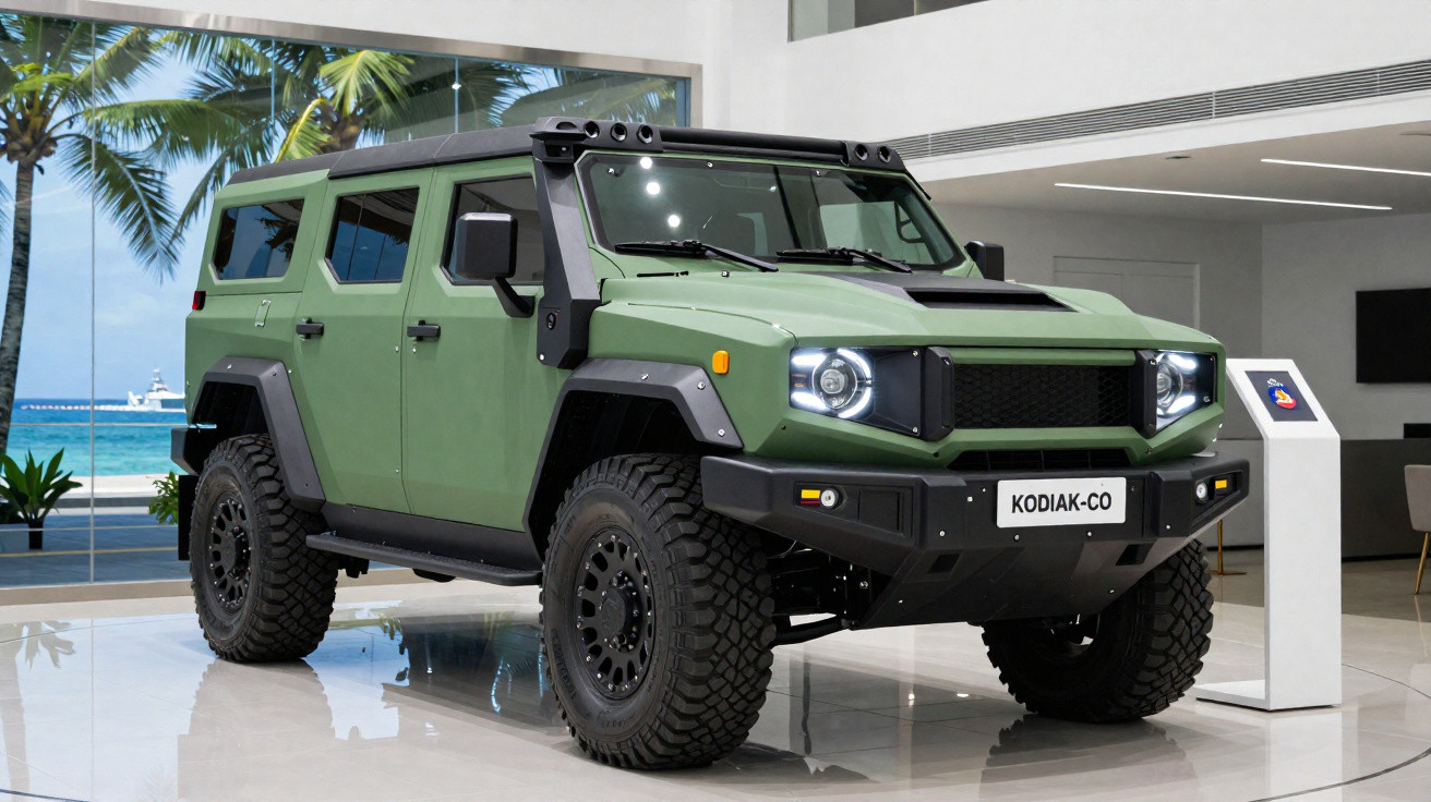 Veículo SUV verde militar com pneus off-road exposto em showroom moderno com janela para praia.