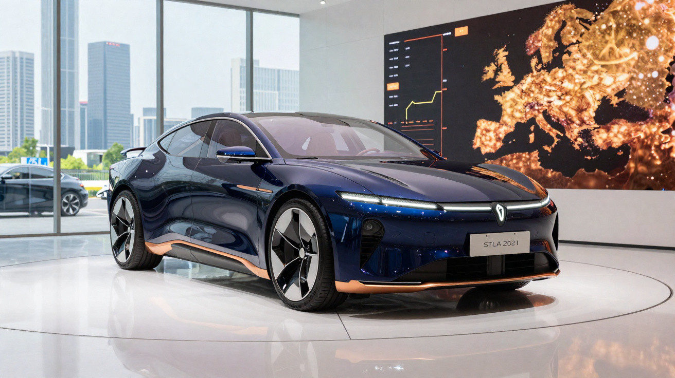 Carro elétrico esportivo azul em exposição com painel digital ao fundo.