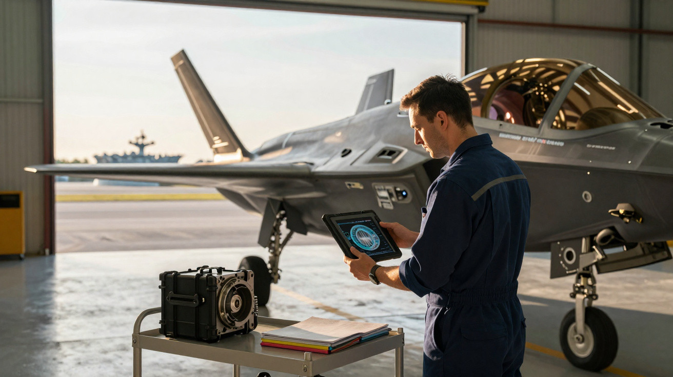 Homem em macacão azul usa tablet próximo a jato militar em hangar durante o dia.