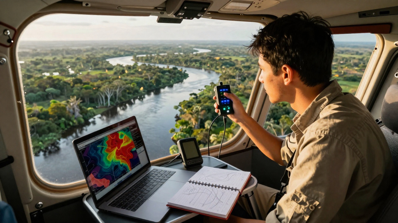 Homem em avião observando rio e segurando dispositivo, com laptop e caderno na mesa à sua frente.