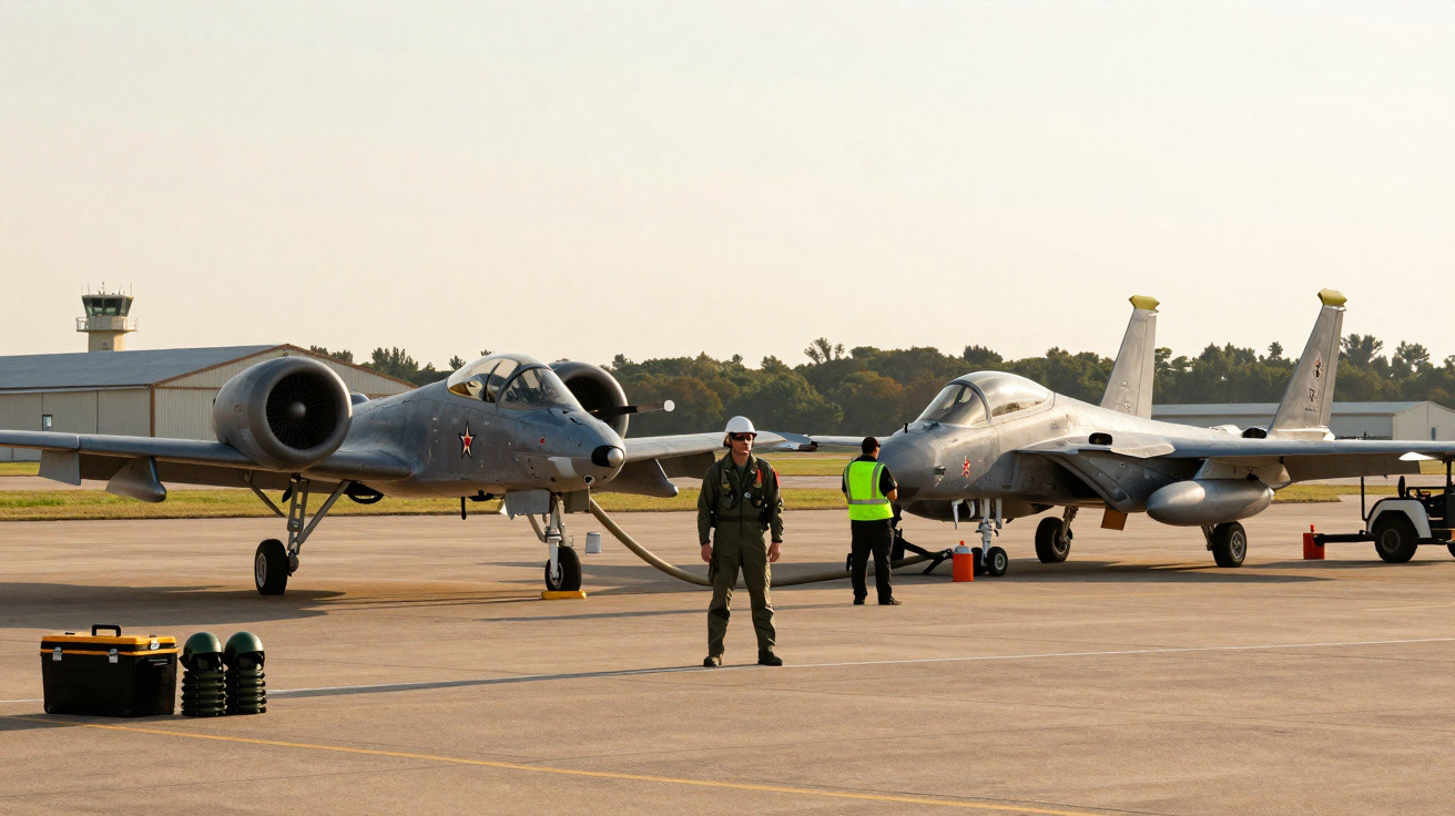 Duas aeronaves militares no pátio do aeroporto com três homens trabalhando ao redor.