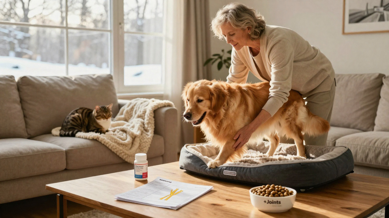 Mulher coloca cão golden retriever em cama na sala, com gato no sofá e remédios sobre mesa.