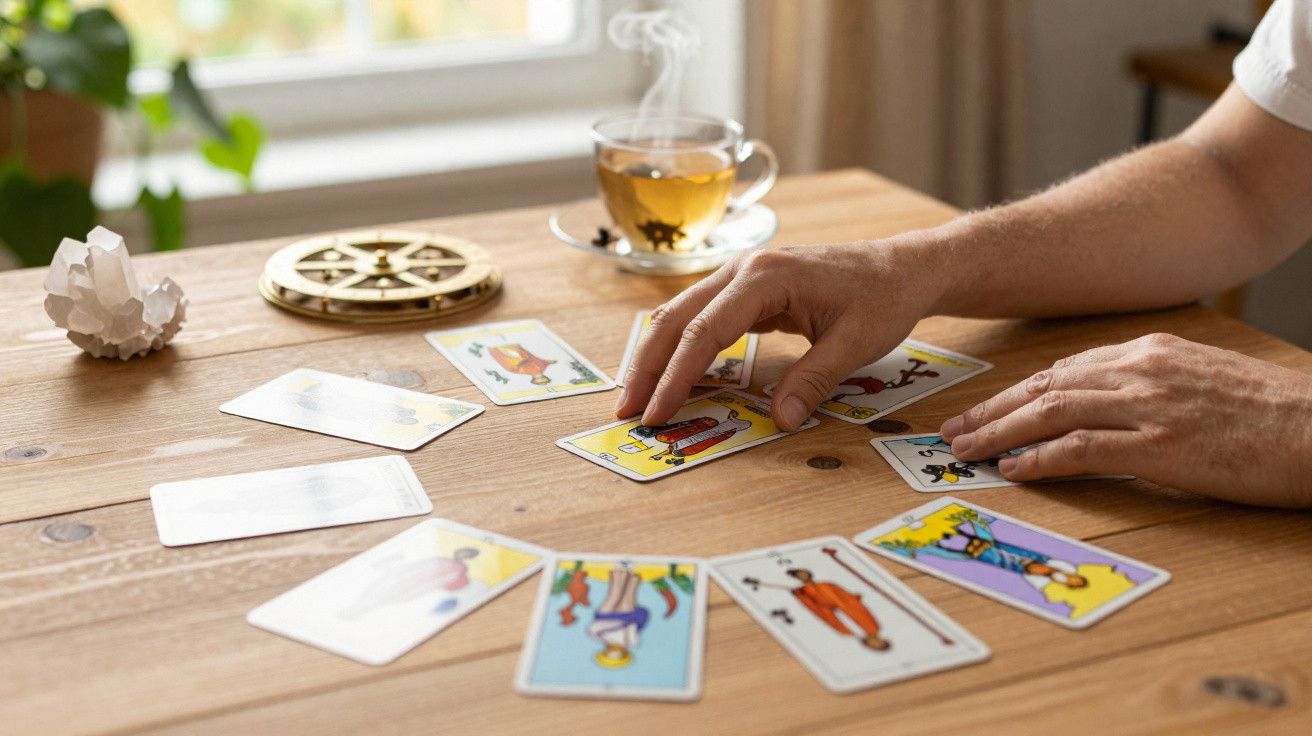 Pessoa organizando cartas de tarô sobre a mesa de madeira, com xícara de chá fumegante ao fundo.