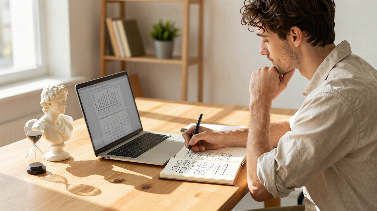 Homem jovem sentado à mesa, anotando ideias em caderno com laptop aberto exibindo gráficos.