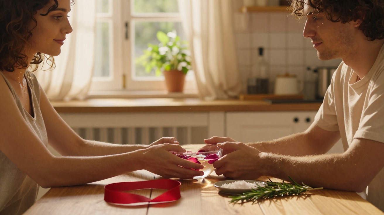 Casal sentado à mesa trocando um recipiente com pétalas de rosa em ambiente iluminado na cozinha.