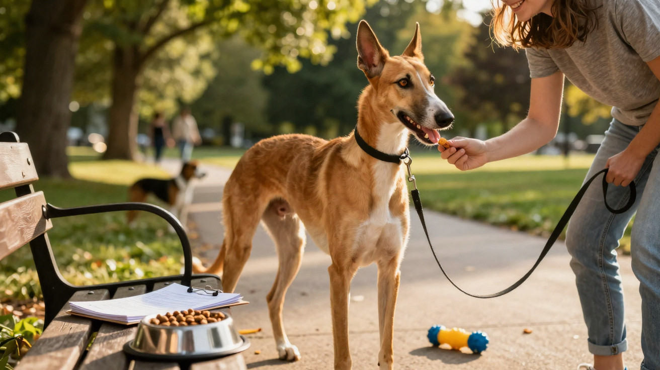 Mulher alimenta cachorro na coleira em parque, com brinquedo e pote de comida ao lado.