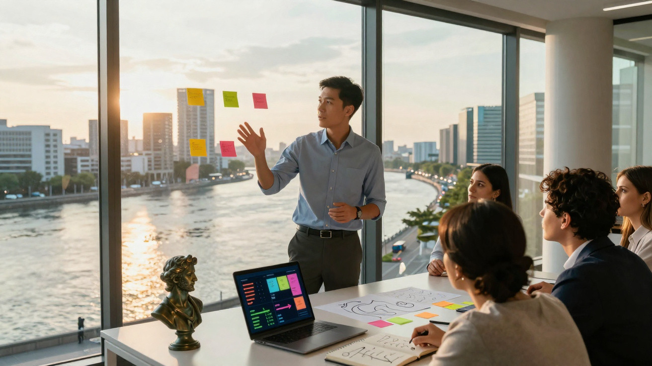 Pessoa apresenta ideias com post-its em reunião de trabalho em escritório com vista para rio e cidade ao pôr do sol.