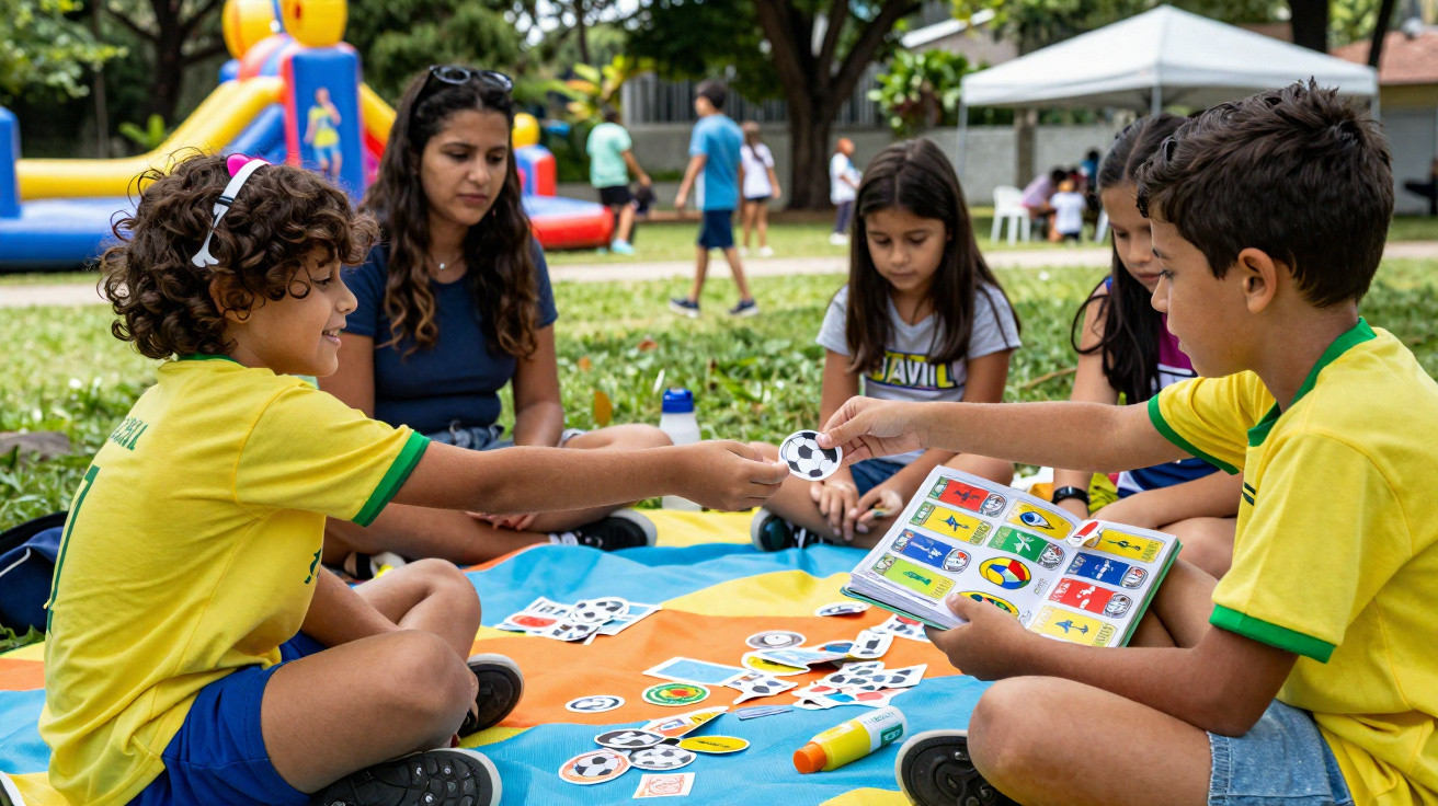 Crianças brincando com jogo de cartas em parque, com adulto e brinquedo inflável ao fundo.