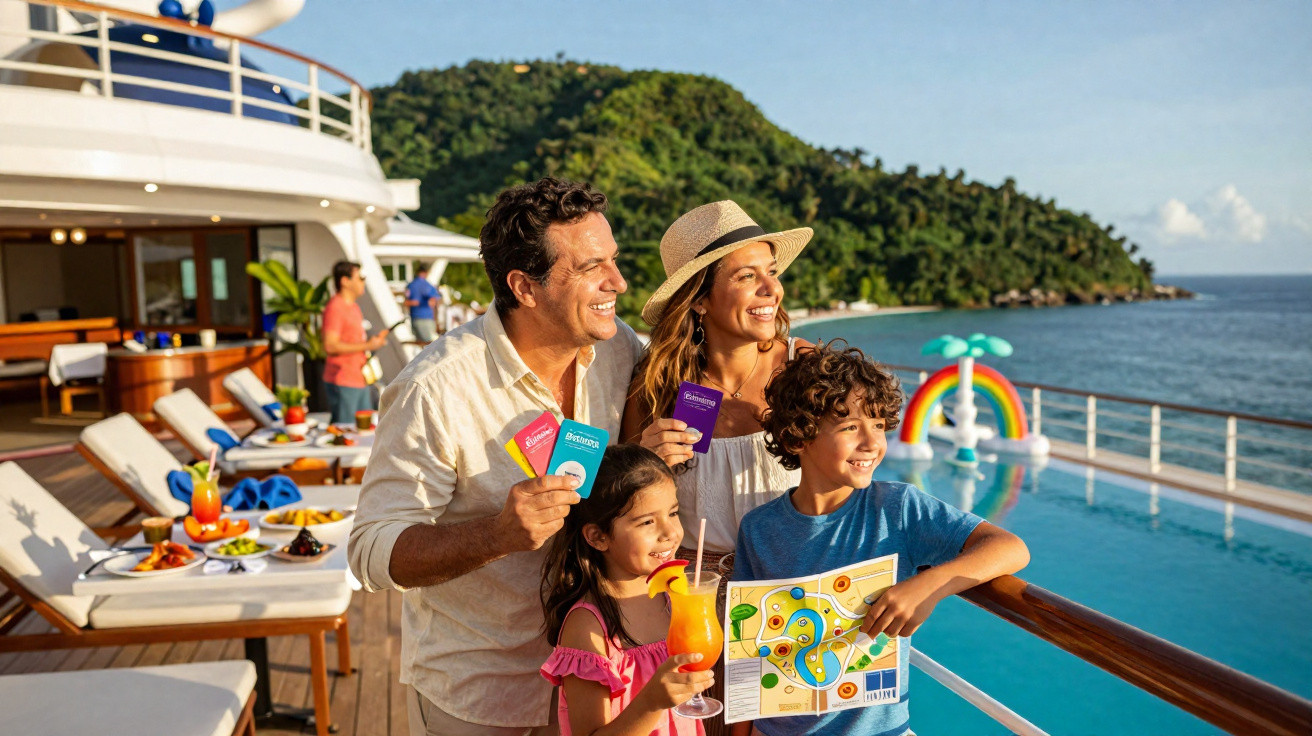 Família sorridente em navio de cruzeiro segurando cartas e jogo de tabuleiro com ilha e piscina ao fundo.