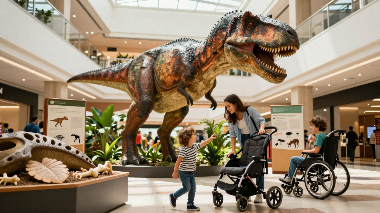 Museu com estátua realista de dinossauro e família com cadeira de rodas e carrinho infantil observando a exposição.