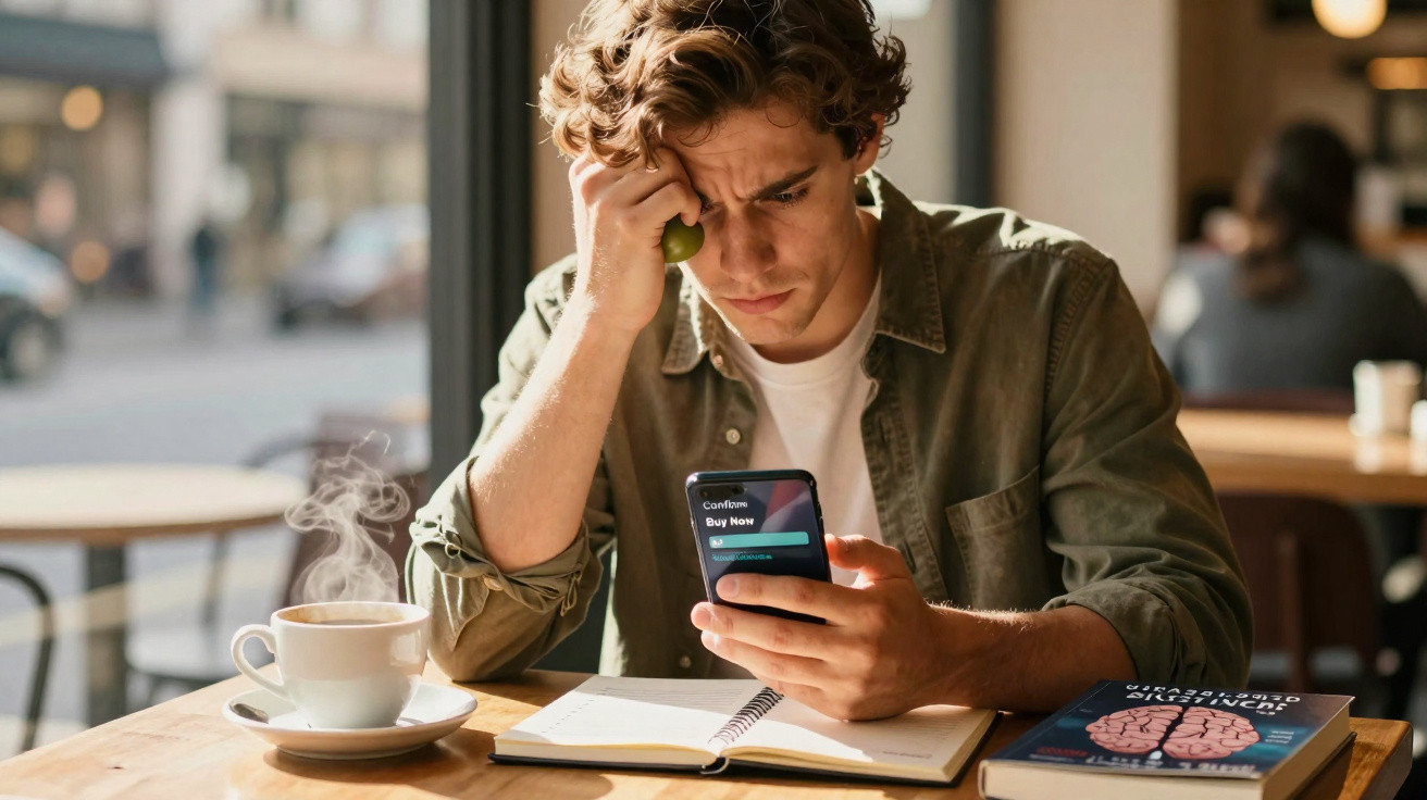 Homem pensativo olhando para celular em café, com livro e caderno sobre a mesa.