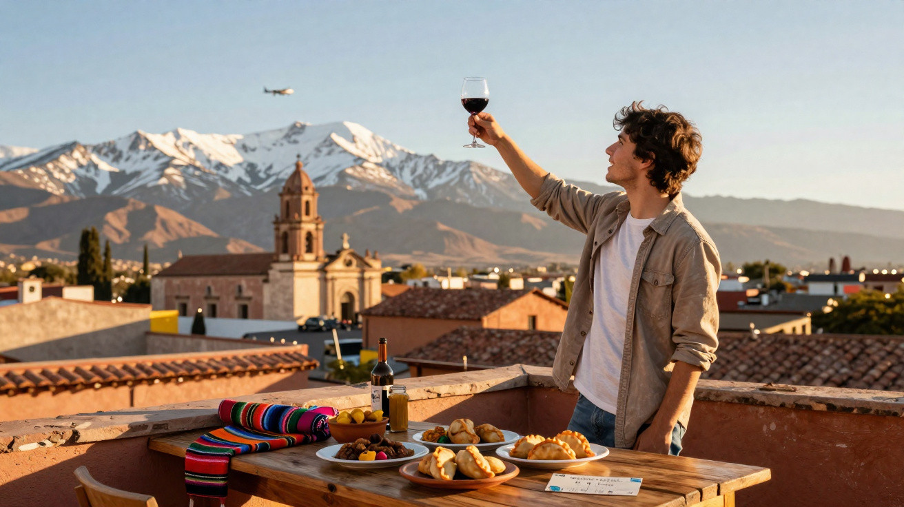 Jovem brindando com taça de vinho em varanda com vista para cidade e montanhas nevadas ao fundo.